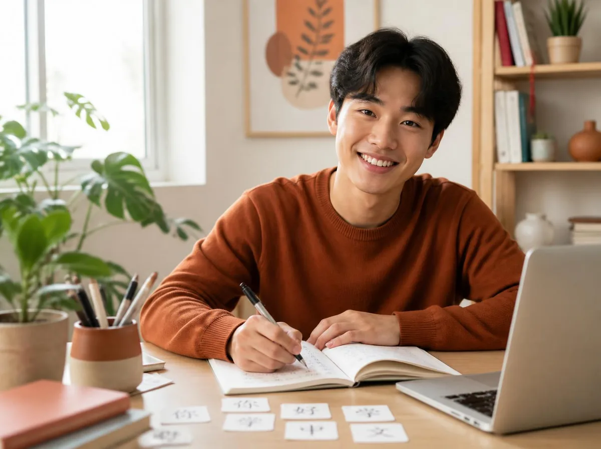 Học viên đang luyện viết chữ Hán cùng flashcard từ vựng tại bàn học